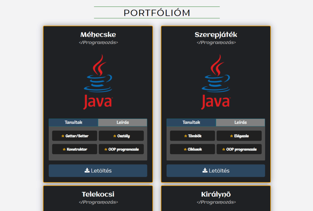 szoftverfejlesztő tanuló portfólió oldala